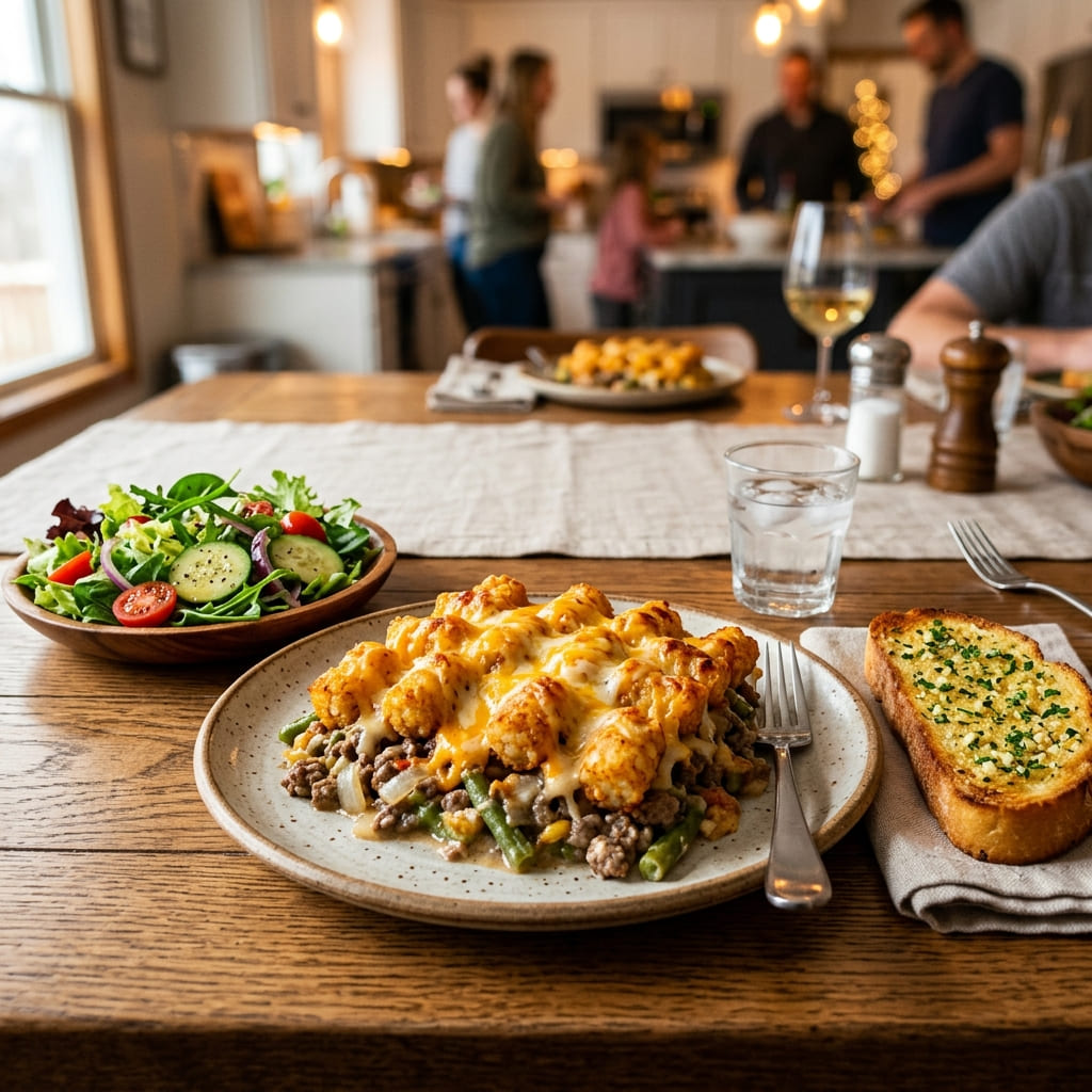 A plated serving of cheesy tater tot casserole with a fresh green salad and garlic bread on a dining table, warm family dinner atmosphere, realistic food photography, shallow depth of field, ultra detailed, 16:9, no text